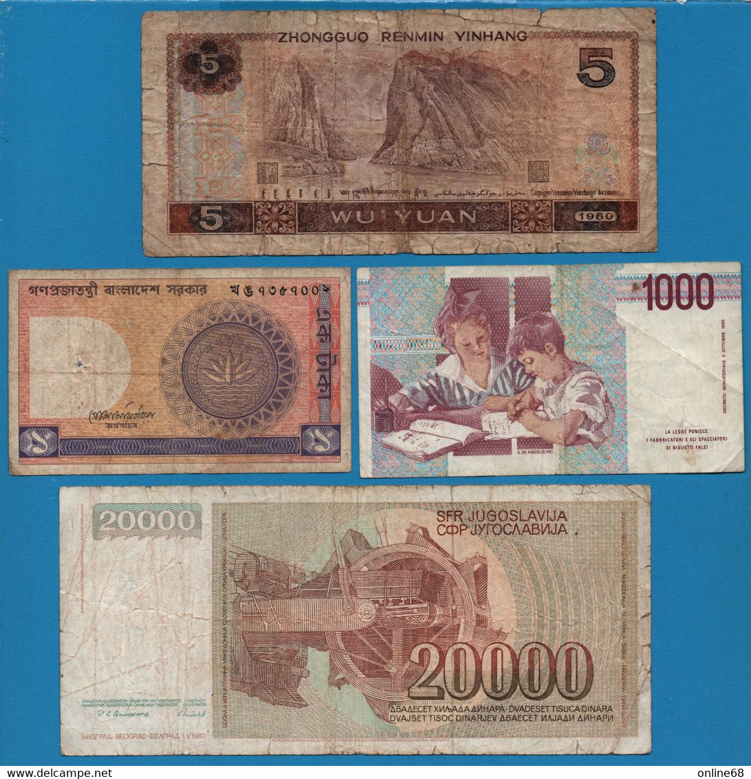 LOT BILLETS 3 BANKNOTES: ITALIA  - CHINA - YUGOSLAVIA - BANGLADESH - Mezclas - Billetes