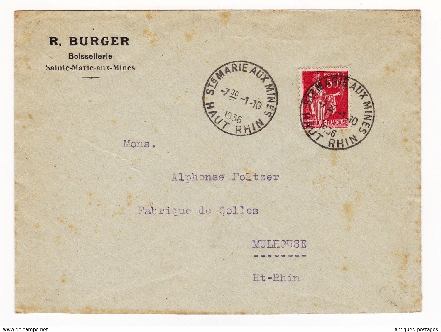 Lettre 1936 Sainte Marie Aux Mines Burger Boissellerie Haut Rhin Mulhouse - 1932-39 Peace