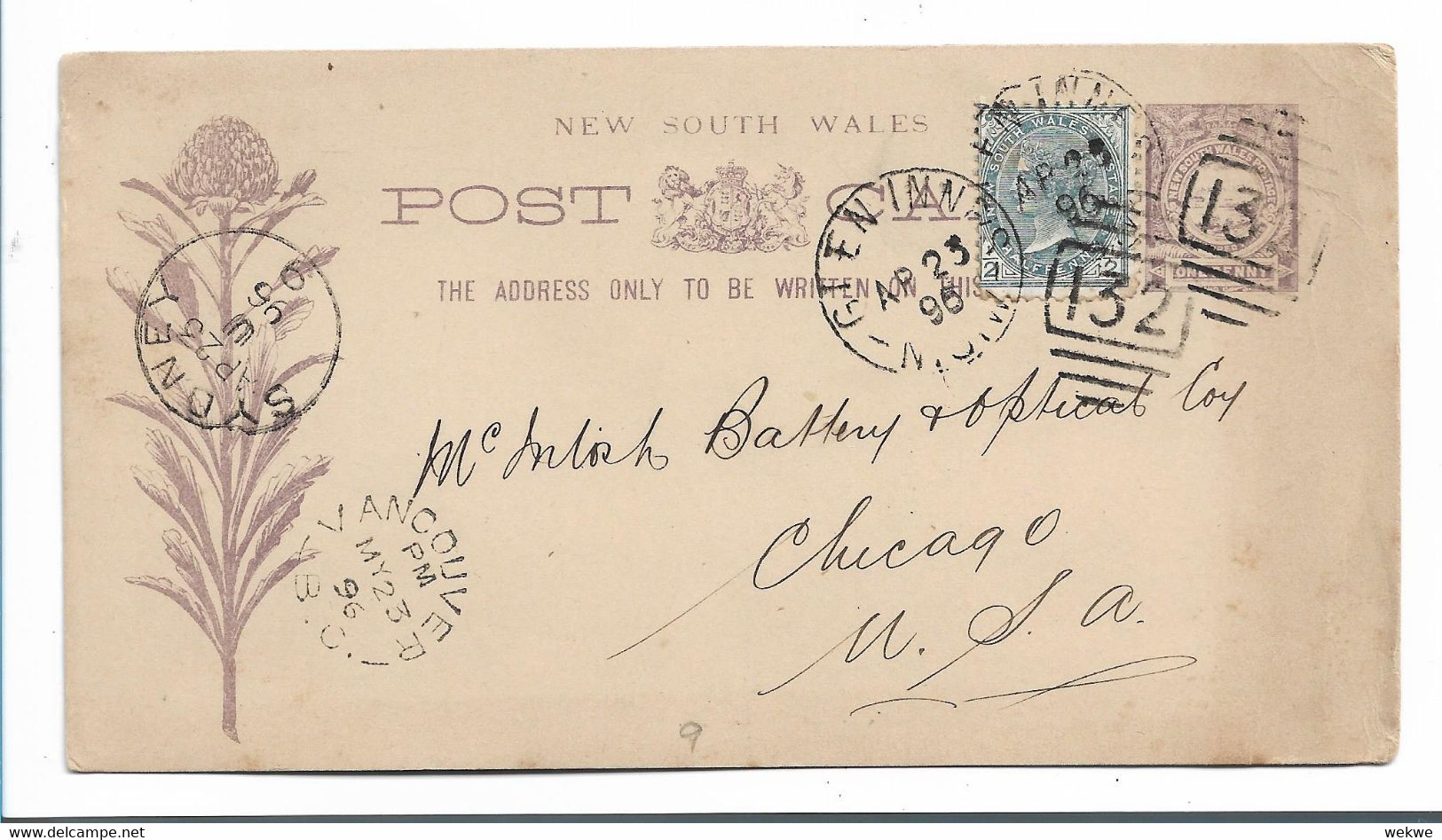 NSW110 / Ganzsache (stationery) USA Via Vancouver 1896, Aufgewertet Mit Zusatzmarke - Lettres & Documents