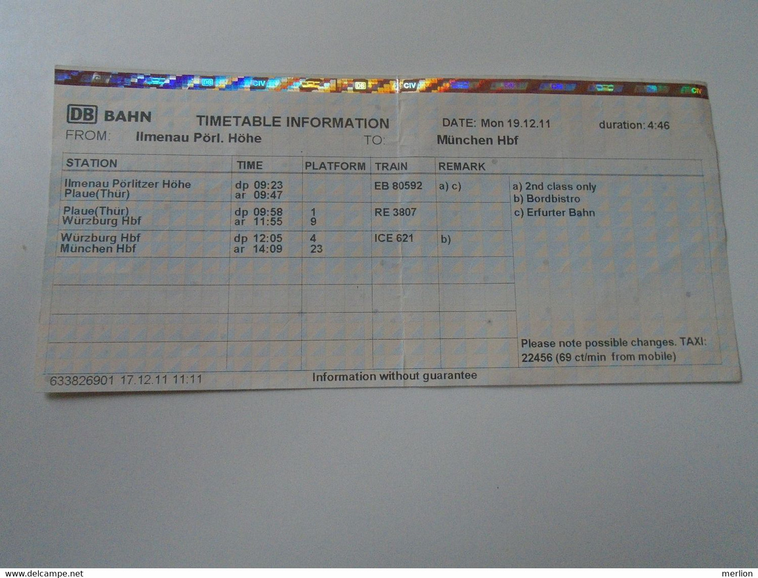 D190452   Timetable Information  ILMENAU   To München  DB   2011  Railway Train  Bahnhof  Gare - Europe