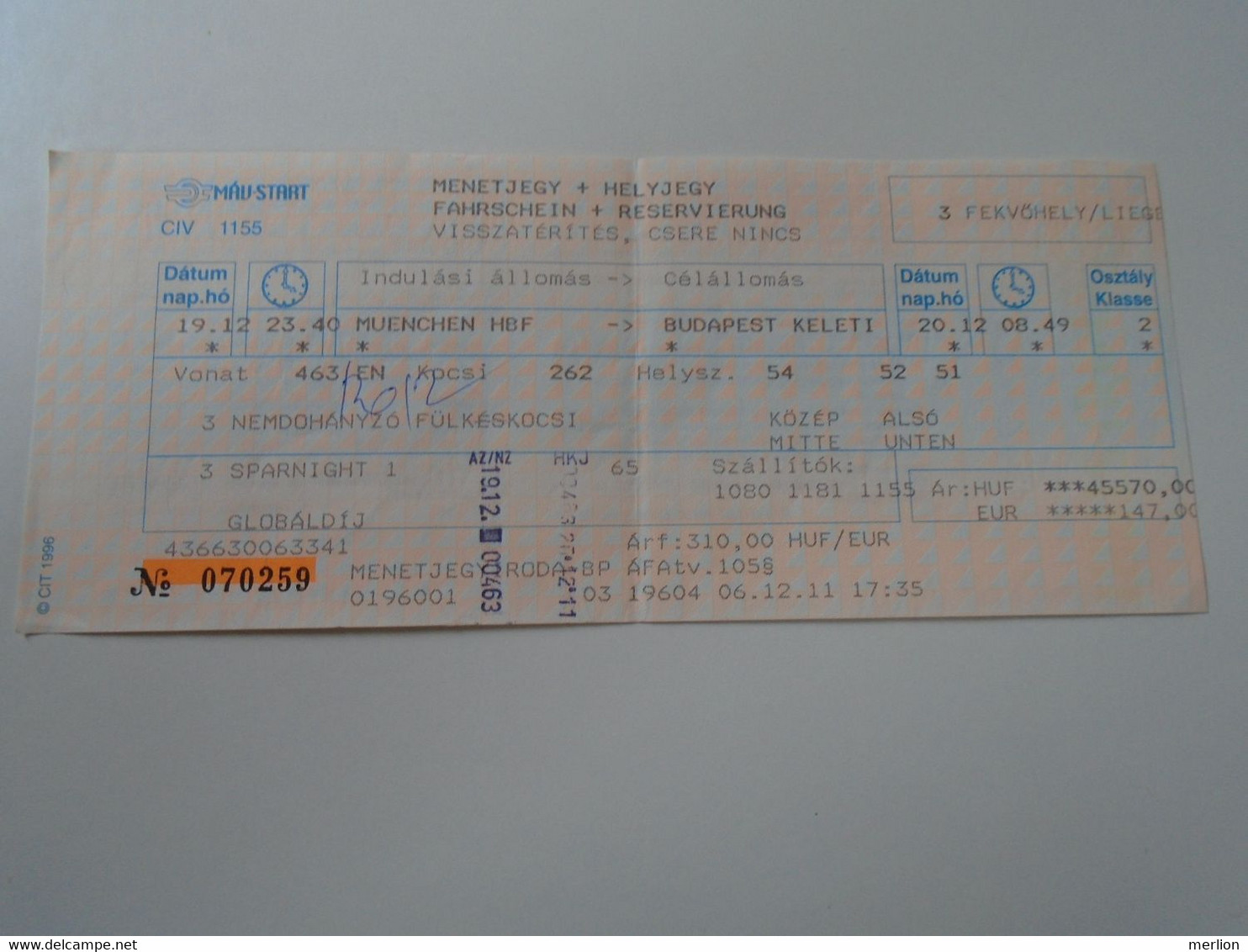 D190453  Railway Train Ticket    München  Budapest - MÁV Hungary 2008 - Europe