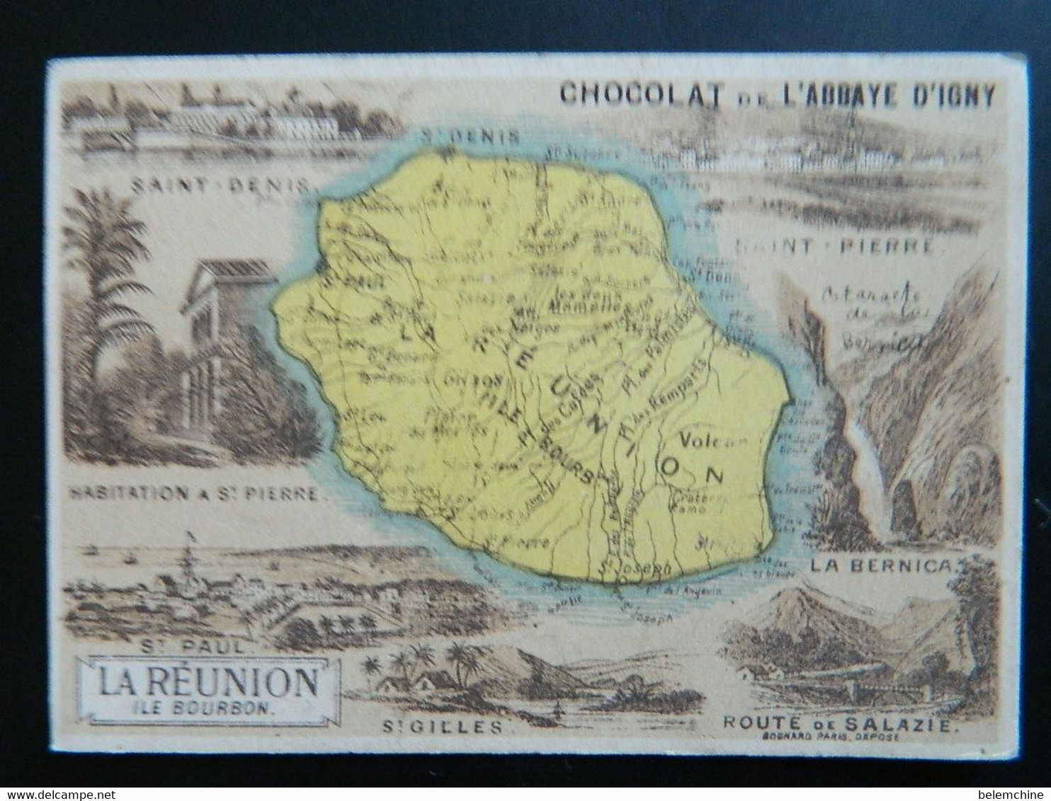 CHROMO        CHOCOLAT DE L'ABBAYE D'IGNY     CARTE LA REUNION ILE BOURBON     11 X 8 Centimètres - Altri & Non Classificati