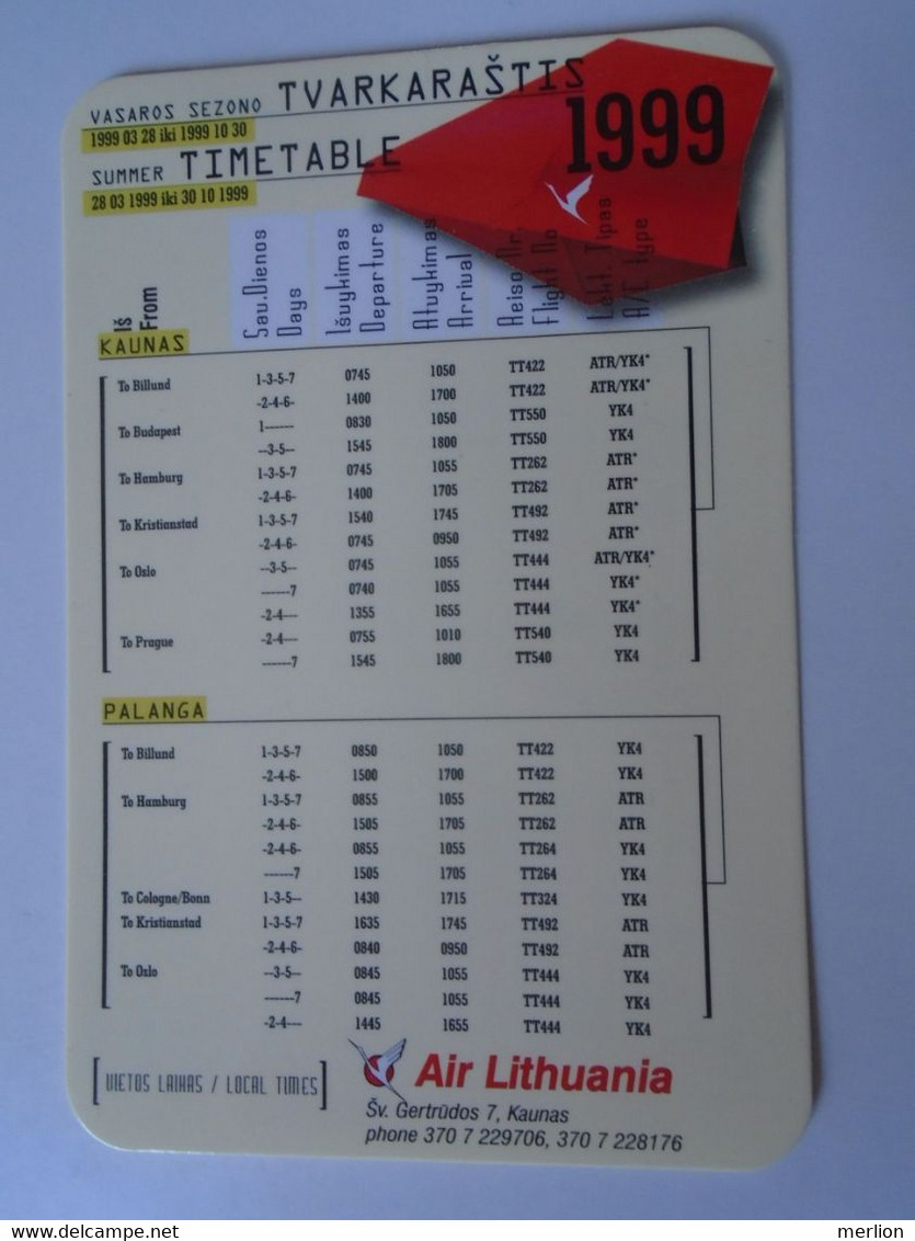 D190467 AIR LITHUANIA -  TIMETABLE  - Summer  1999 - Europe