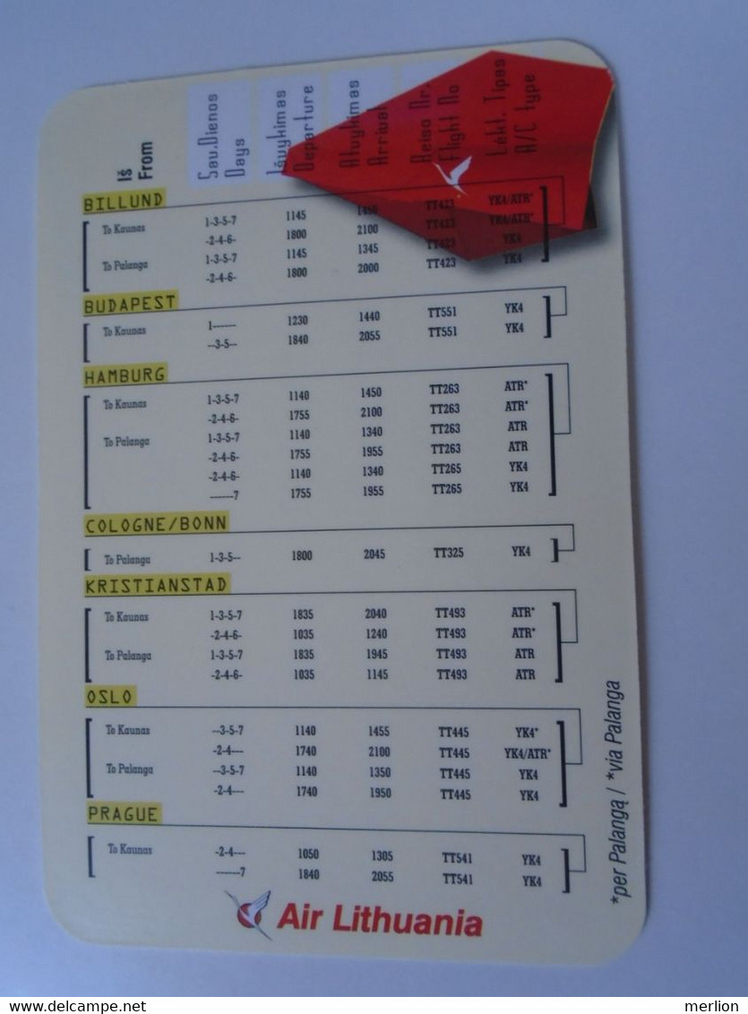 D190467 AIR LITHUANIA -  TIMETABLE  - Summer  1999 - Europe