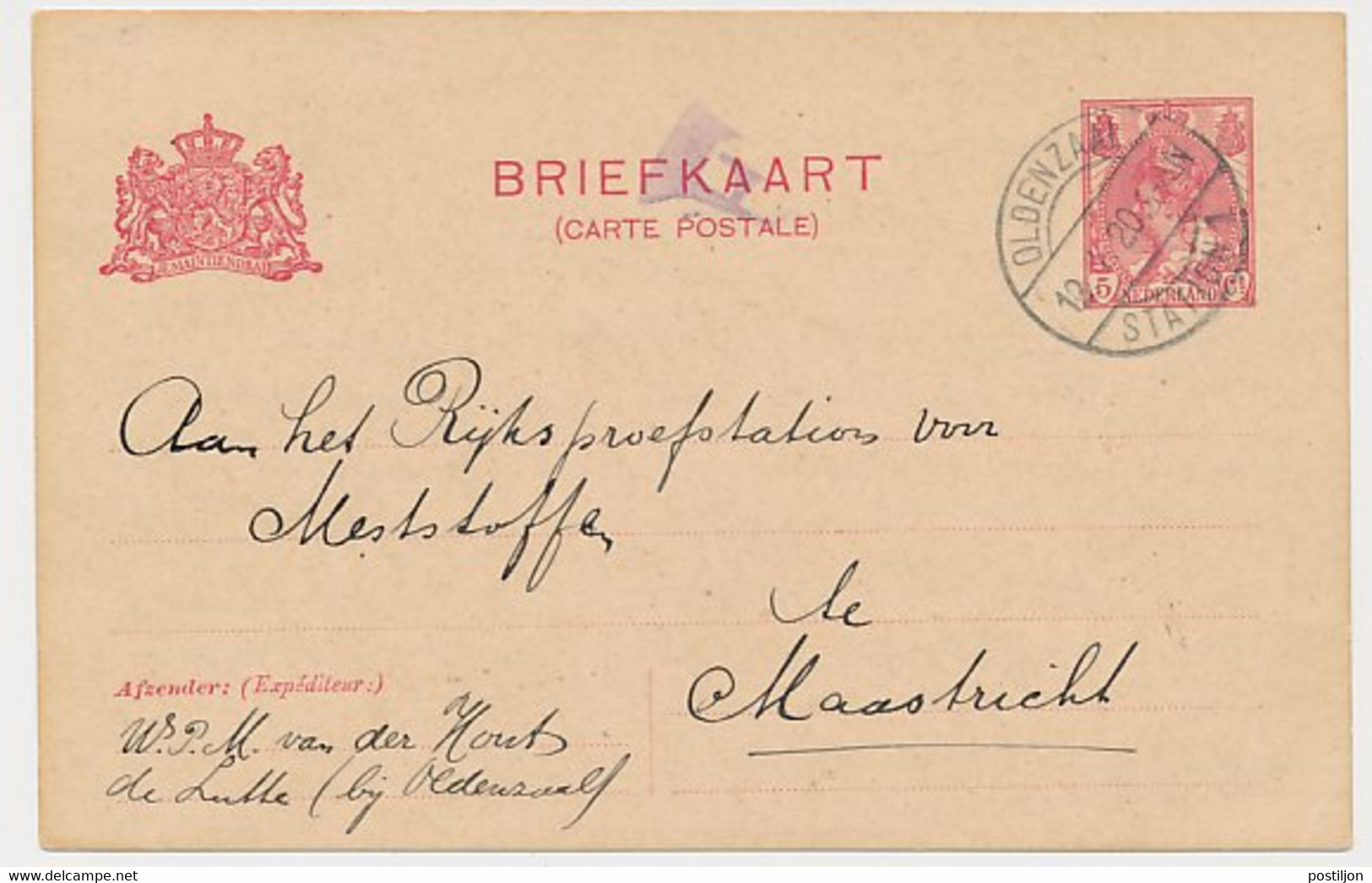 Briefkaart G. 84 A II Oldenzaal - Maastricht 1920 - Interi Postali