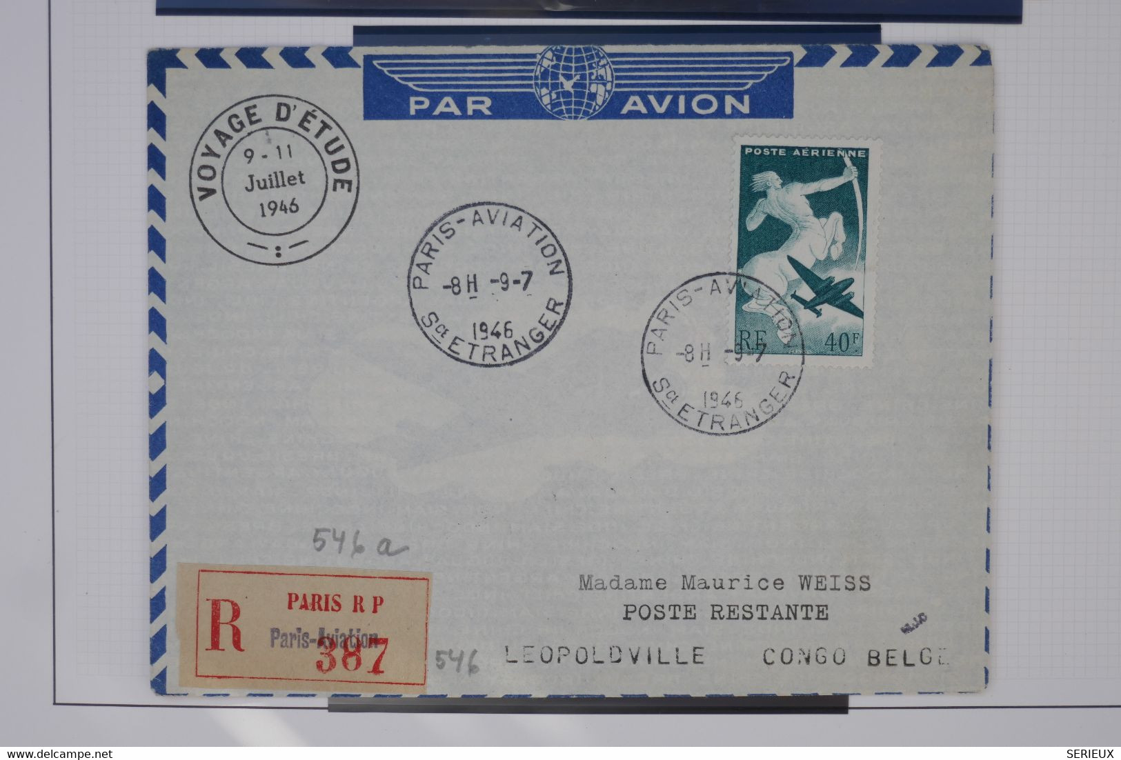 C1 FRANCE   BELLE LETTRE RR 1946 VOYAGE  D ETUDE  AIR FRANCE PARIS LEOPOLDVILLE CONGO BELGE++++AFFRANC. PLAISANT - 1960-.... Briefe & Dokumente