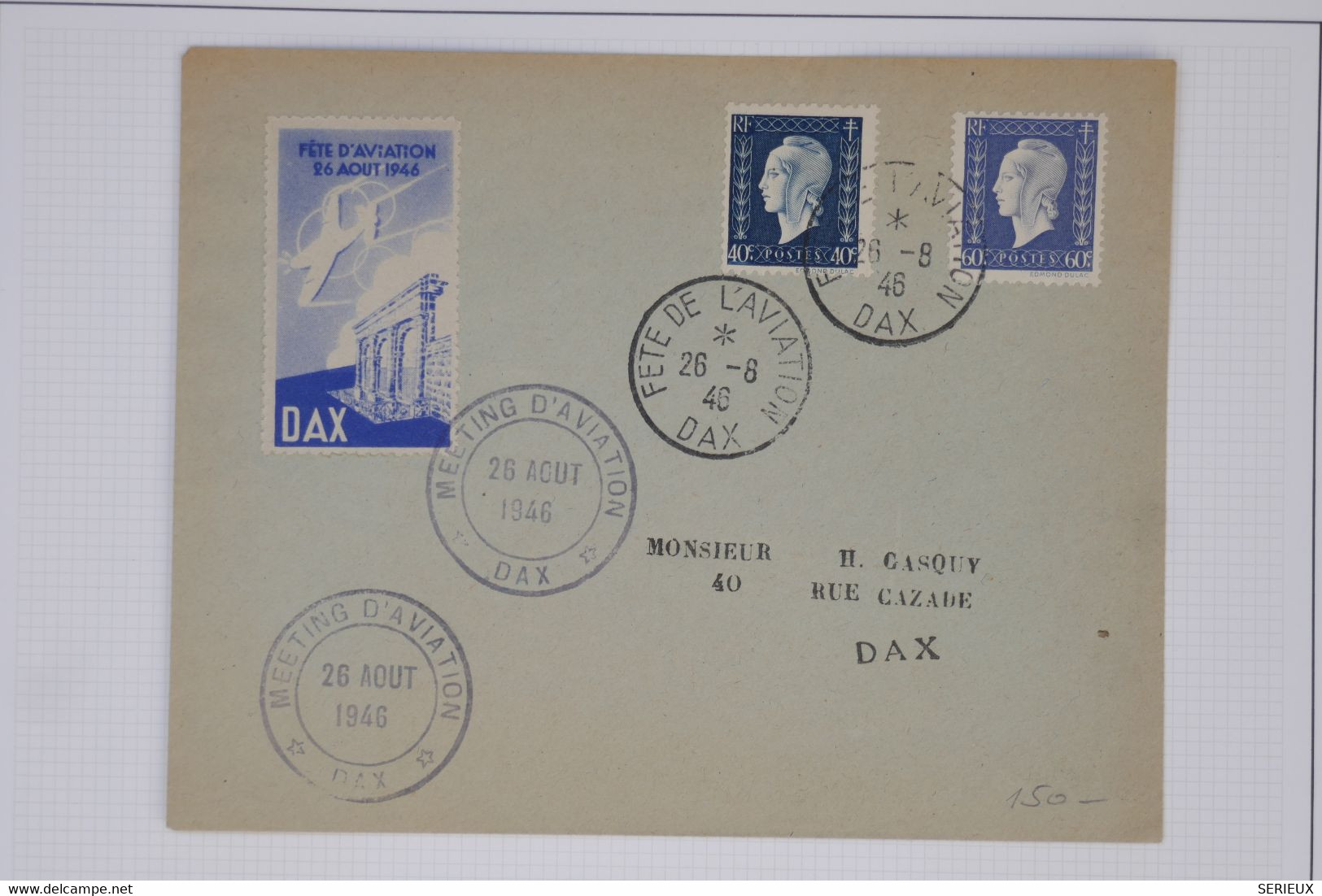 C1 FRANCE   BELLE LETTRE  1946 MEETING D AVIATION DE DAX ++VIGNETTE +AFFRANC. PLAISANT - 1960-.... Brieven & Documenten