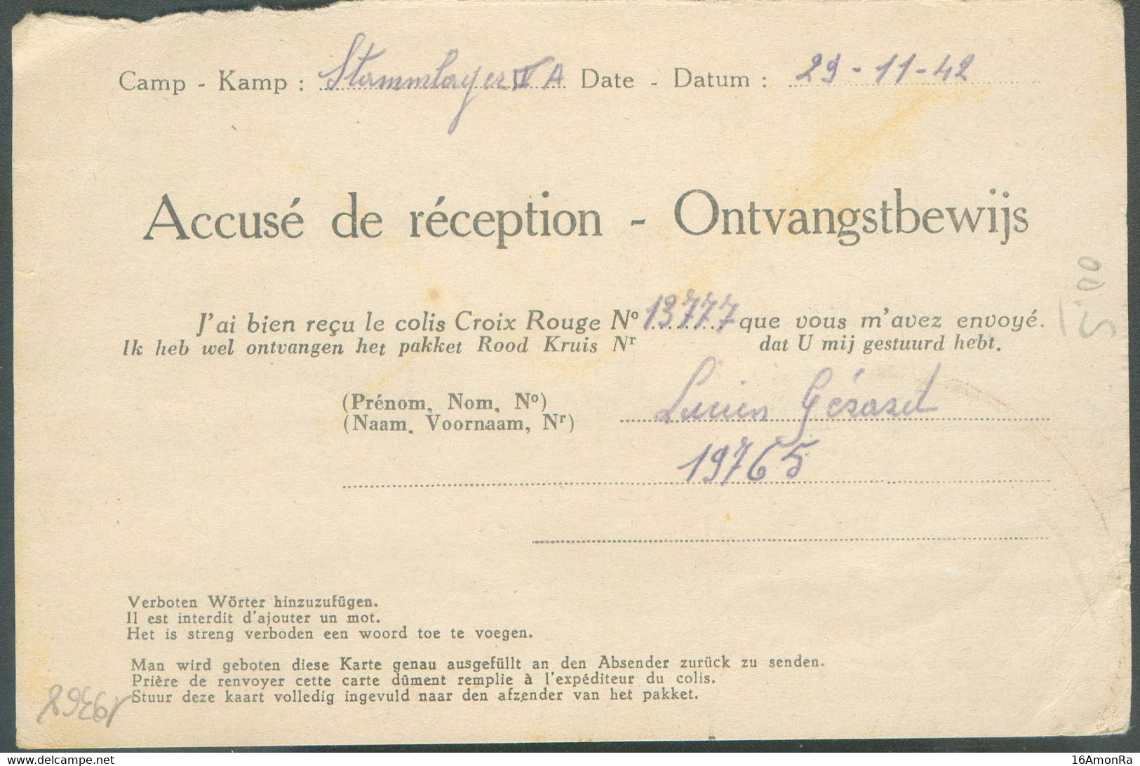 Carte Accusé De Réception Du Camp De Stammlager IV A Du 29-11-1942 Pour Colis De La Croix Rouge à L. Gérard Packetbestät - Krijgsgevangenen