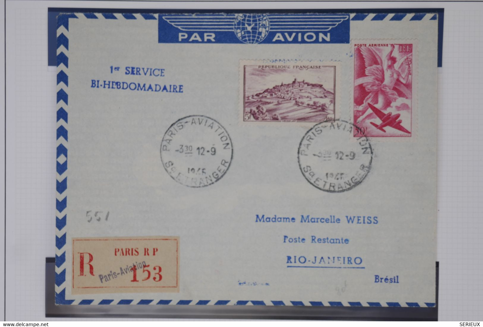 C1 FRANCE   BELLE LETTRE RECOM. 1946 PARIS RIO BRESIL +AFFRANC. PLAISANT - 1960-.... Brieven & Documenten