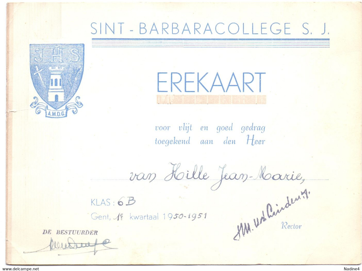 Gent - Erekaart School Sint Barbaracollege - Van Hille Jean Marie - 1950 - 1951 - Diploma & School Reports