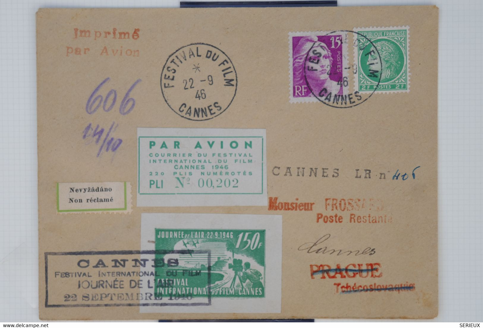 C1 FRANCE   BELLE LETTRE 1946 1ER FESTIVAL DE CANNES POUR PRAGUE+VIGNETTE +++PAS COURANT+AFFRANC. PLAISANT - 1960-.... Cartas & Documentos