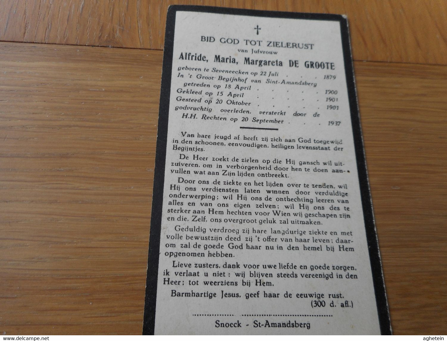 D.P.-BEGIJNTJE-ALFRIDA M.M.DE GROOTE °SEVENEEKEN 22-7-1879 GROOT BEGIJNHO20-9-F ST.AMANDSBERG +20-9-1917 - Religion & Esotericism