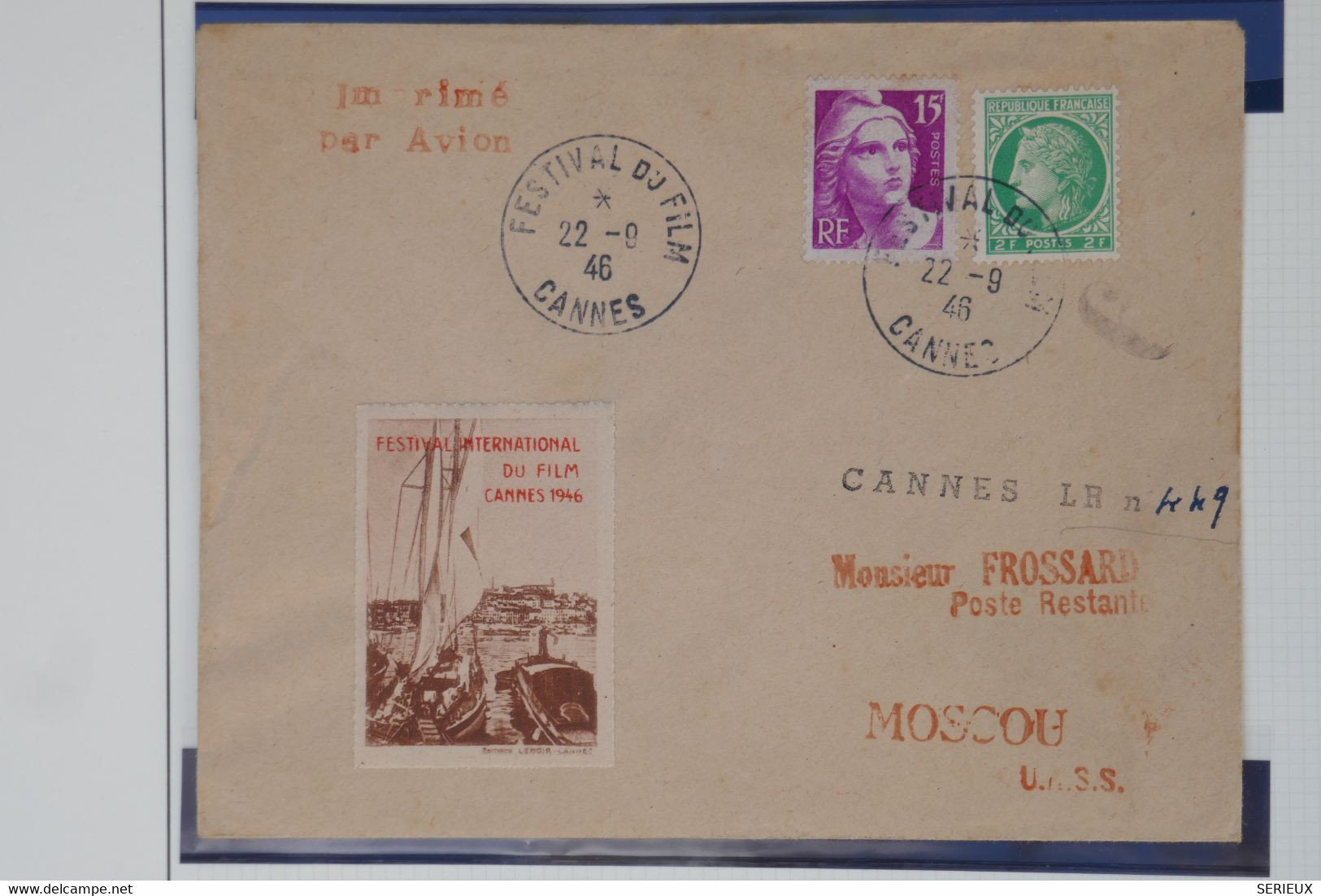 C1 FRANCE  BELLE LETTRE RARE 1946 1ER FESTIVAL DE CANNES POUR MOSCOU RUSSIE +VIGNETTE +++PAS COURANT+AFFRANC. PLAISANT - 1960-.... Briefe & Dokumente