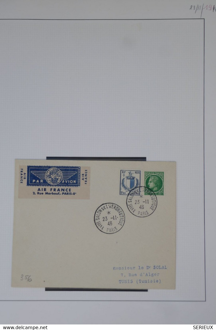 C1 FRANCE  BELLE LETTRE 1946  PARIS SALON POUR TUNIS TUNISIE  ++VIGNETTE AIR FRANCE ++AFFRANC. PLAISANT - 1960-.... Lettres & Documents