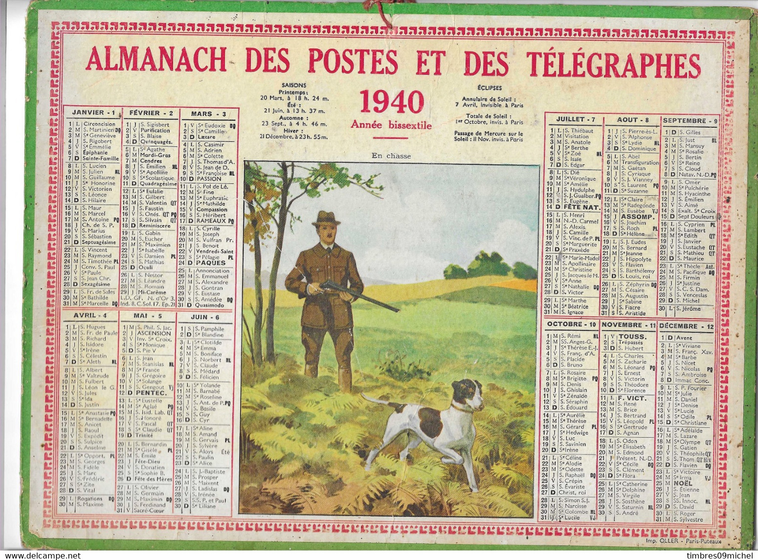 Almanach Des Postes Et Des Télégraphes  1940 En Chasse - Grand Format : 1921-40