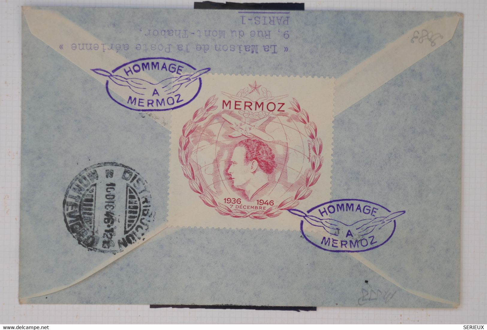 C1 FRANCE  BELLE LETTRE  1946 PARIS POUR MONTEVIDEO URUGUAY   +++ VIGNETTE J. MERMOZ +++AFF. PLAISANT - 1960-.... Lettres & Documents