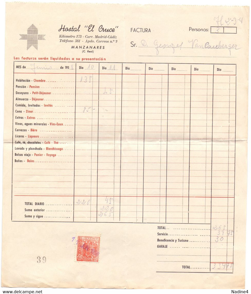 Factuur Facture Factura - Hostal El Cruce - Manzanares - 1958 - Spanien