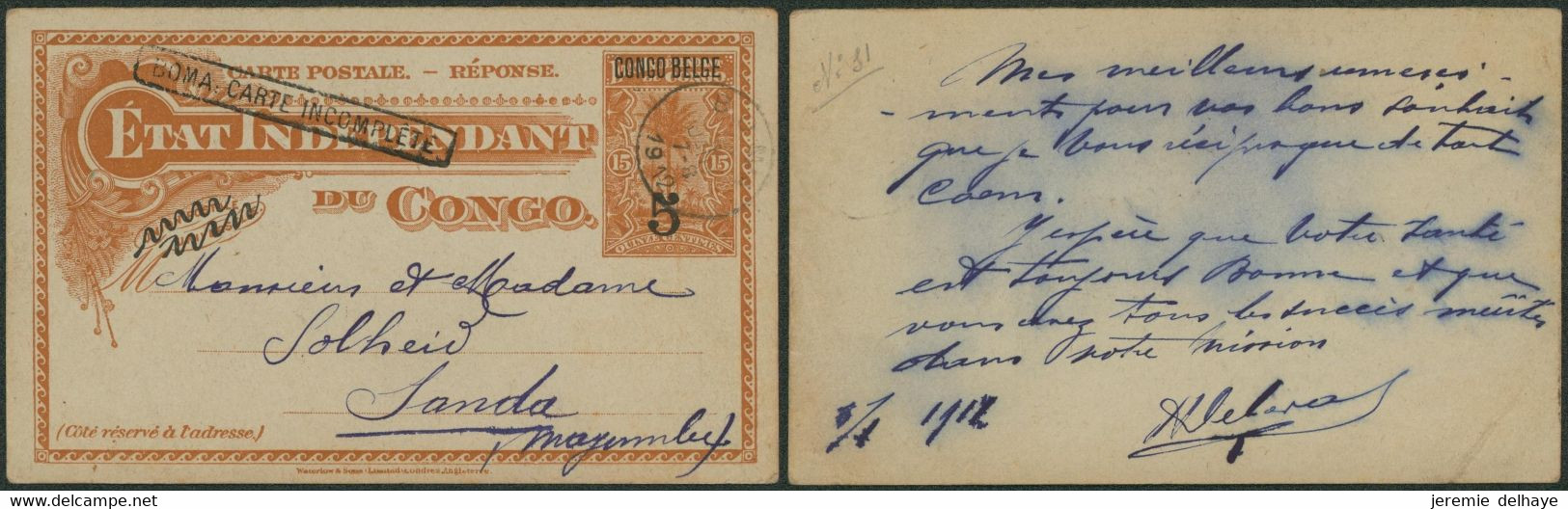 EP Au Type 15ctm + Double Surcharge (n°31) & Griffe Boma : Carte Incomplète Expédiée De Boma > Sanda (Mayumbe) - Stamped Stationery