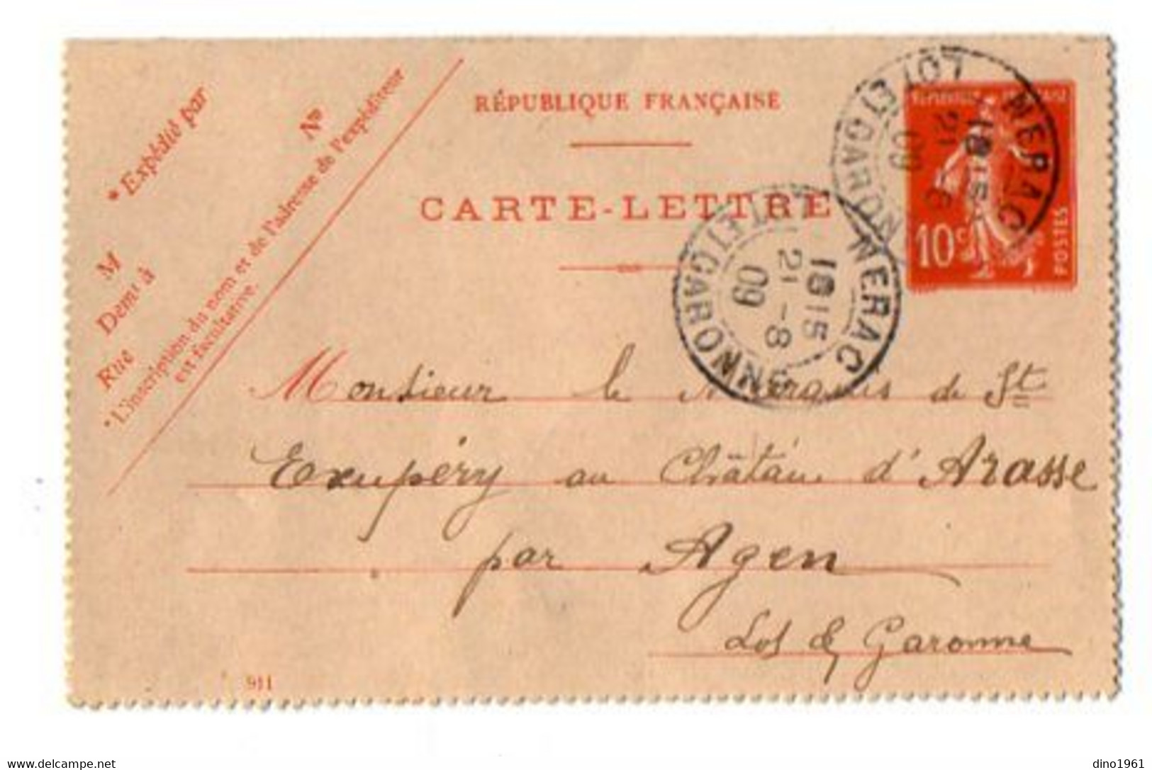TB 3497 - 1909 - Entier Postal / Carte - Lettre / MP NERAC Pour Mr Le Mis De SAINT - EXUPERY Château D'ARASSE Par AGEN - Kaartbrieven