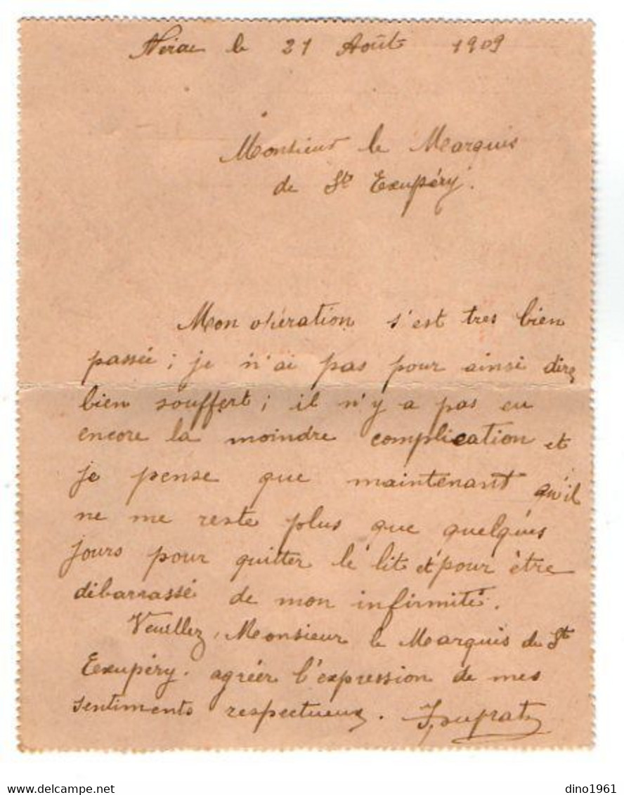 TB 3497 - 1909 - Entier Postal / Carte - Lettre / MP NERAC Pour Mr Le Mis De SAINT - EXUPERY Château D'ARASSE Par AGEN - Letter Cards