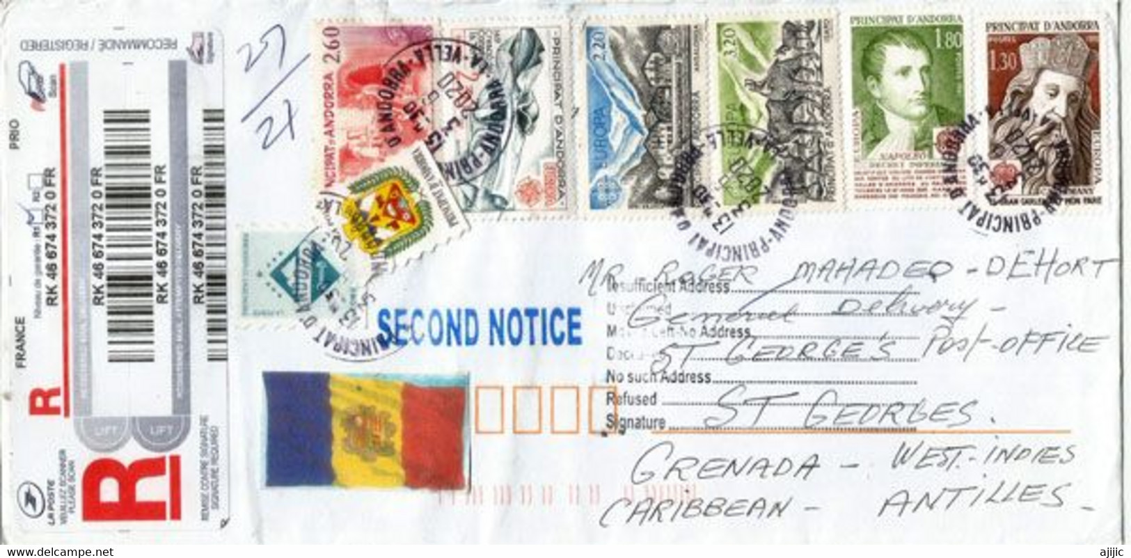 RARE/SCARCE REGISTERED LETTER ANDORRA TO GRENADA ISL. W-I, Sent During First Covid19 Pandemic June 2020 - Lettres & Documents