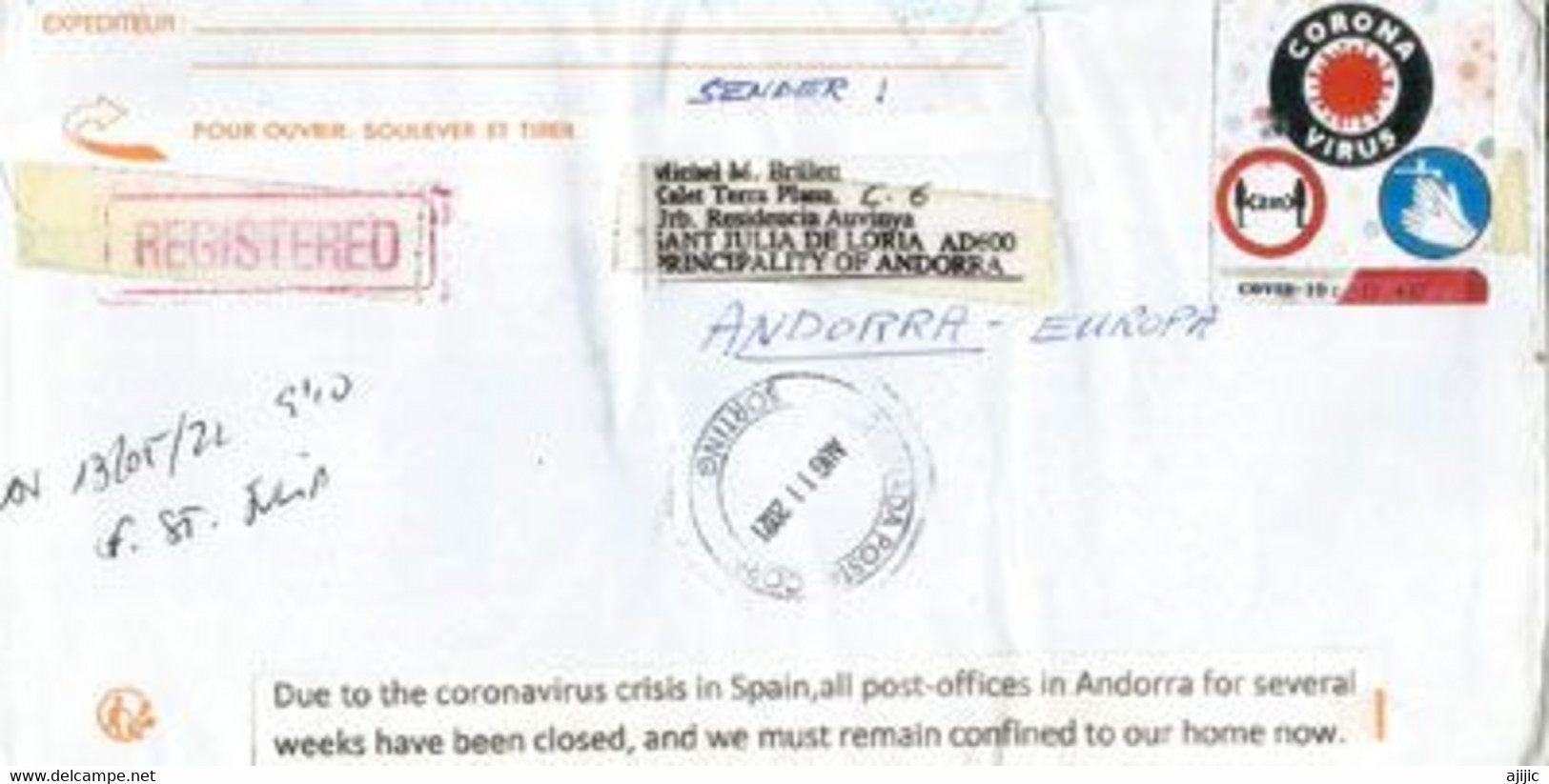 RARE/SCARCE REGISTERED LETTER ANDORRA TO GRENADA ISL. W-I, Sent During First Covid19 Pandemic June 2020 - Cartas & Documentos