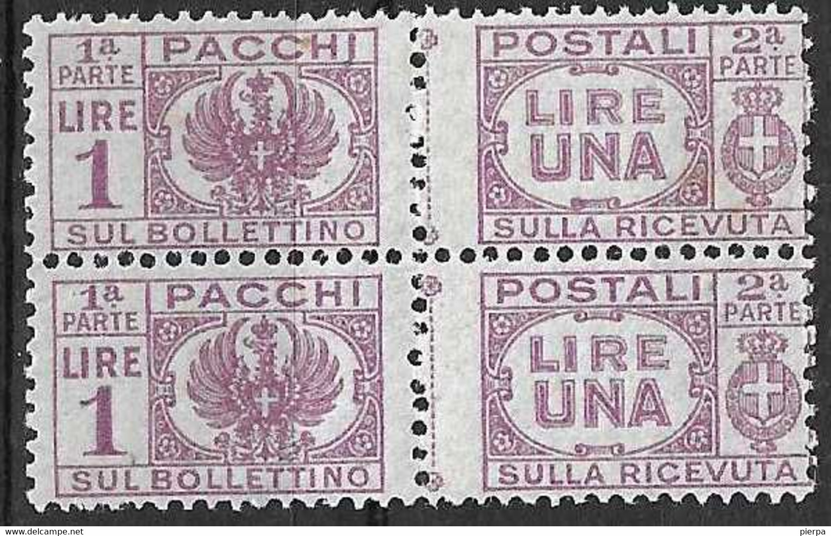 ITALIA - 1946 - PACCHI POSTALI -COPPIA DEL LIRE 1 - FIL CORONA - NUOVO MNH**(SS 60 - YVERT 46 - MICHEL 60) - Postal Parcels