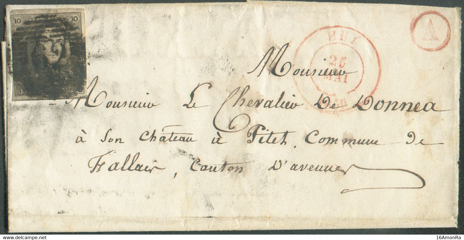 N°1 - Epaulette 10 Centimes Brun-NOIR, TB Margée, Obl. P.62 Sur Lettre De HUY le 25 Mai 1850 + Boîte Rurale A en Rouge D - 1849 Schulterklappen