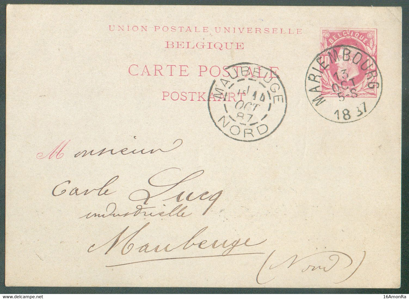 E.P. Carte 10 C. Carmin Sur Bleu Verdâtre, Obl. Sc MARIEMBOURG 13 Oct. 1887 Vers Maubeuge. - TB - 19400 - Tarjetas 1871-1909