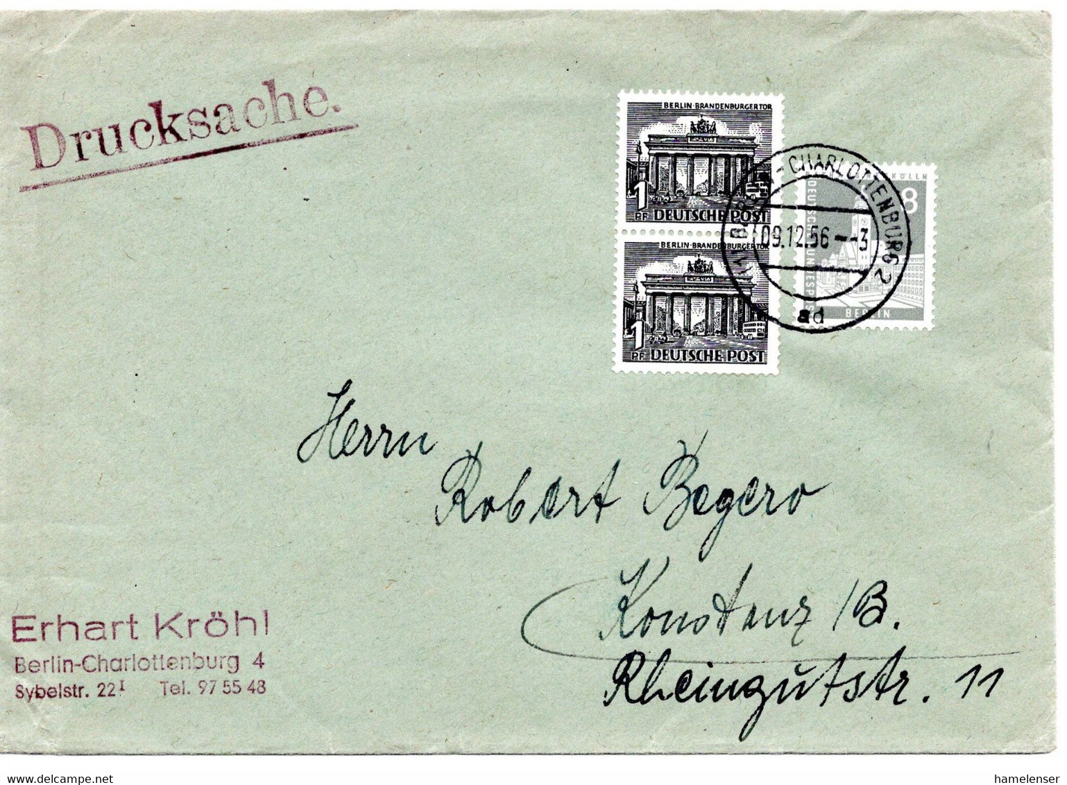 58783 - Berlin - 1956 - 8Pfg Bauten MiF A DrucksBf BERLIN -> Konstanz - Lettres & Documents