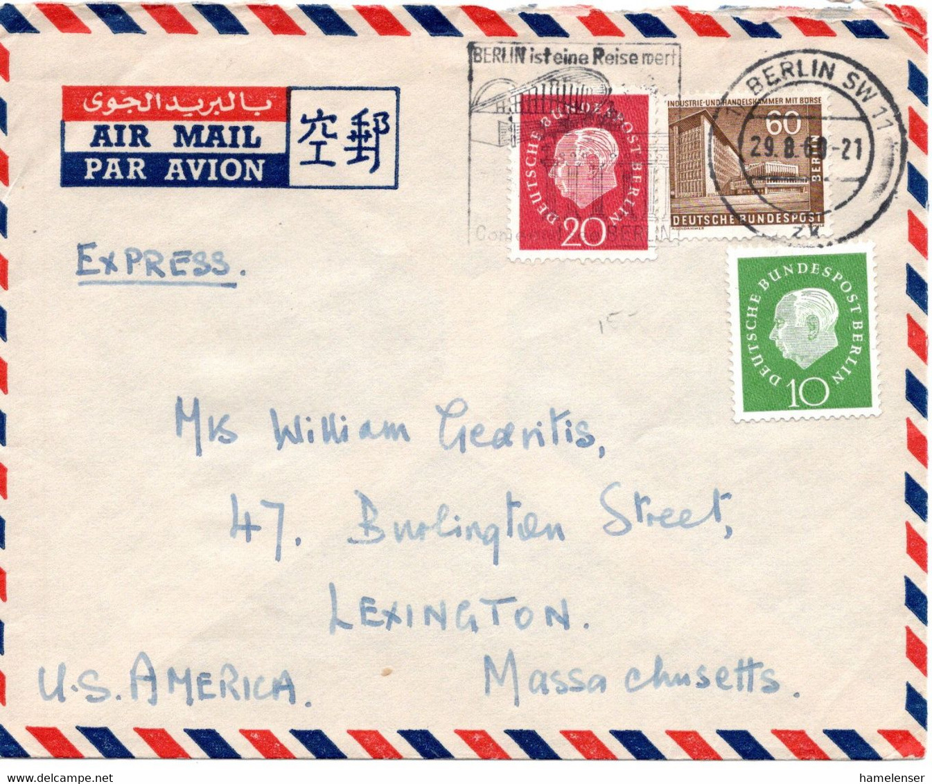 58789 - Berlin - 1960 - 60Pfg Bauten MiF A LpBf BERLIN -> Lexington, MA (USA) - Storia Postale