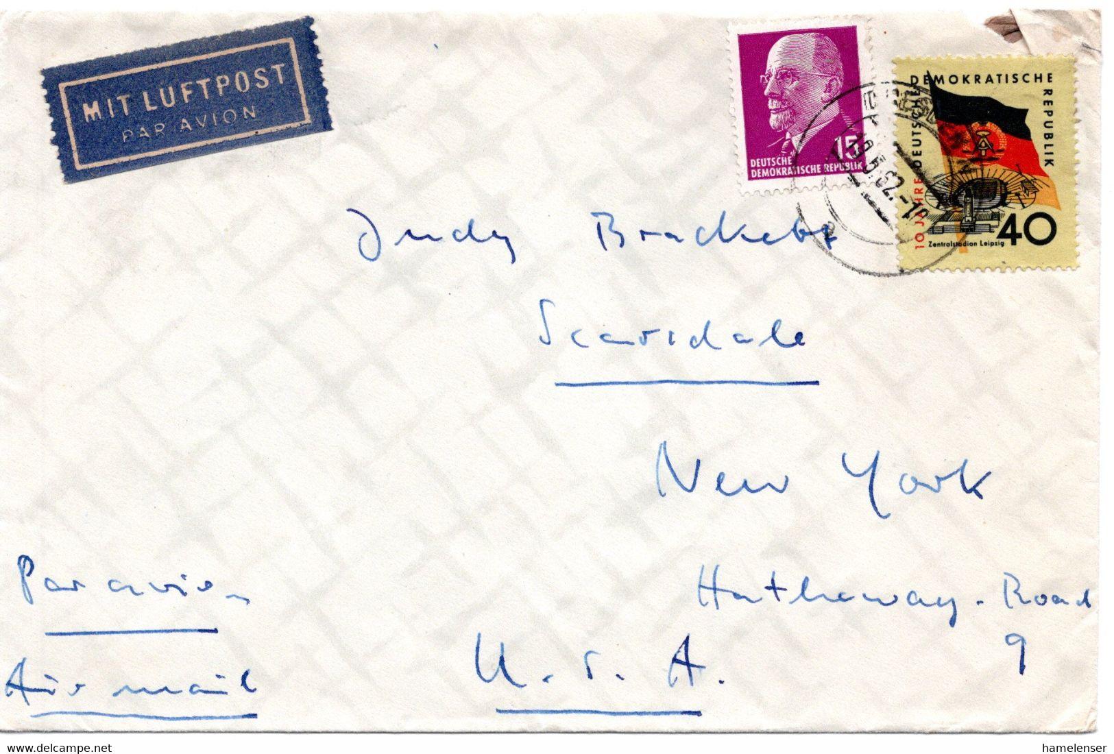 58791 - DDR - 1962 - 40Pfg 10 Jahre DDR MiF A LpBf DRESDEN -> Scarsdale, NY (USA) - Storia Postale