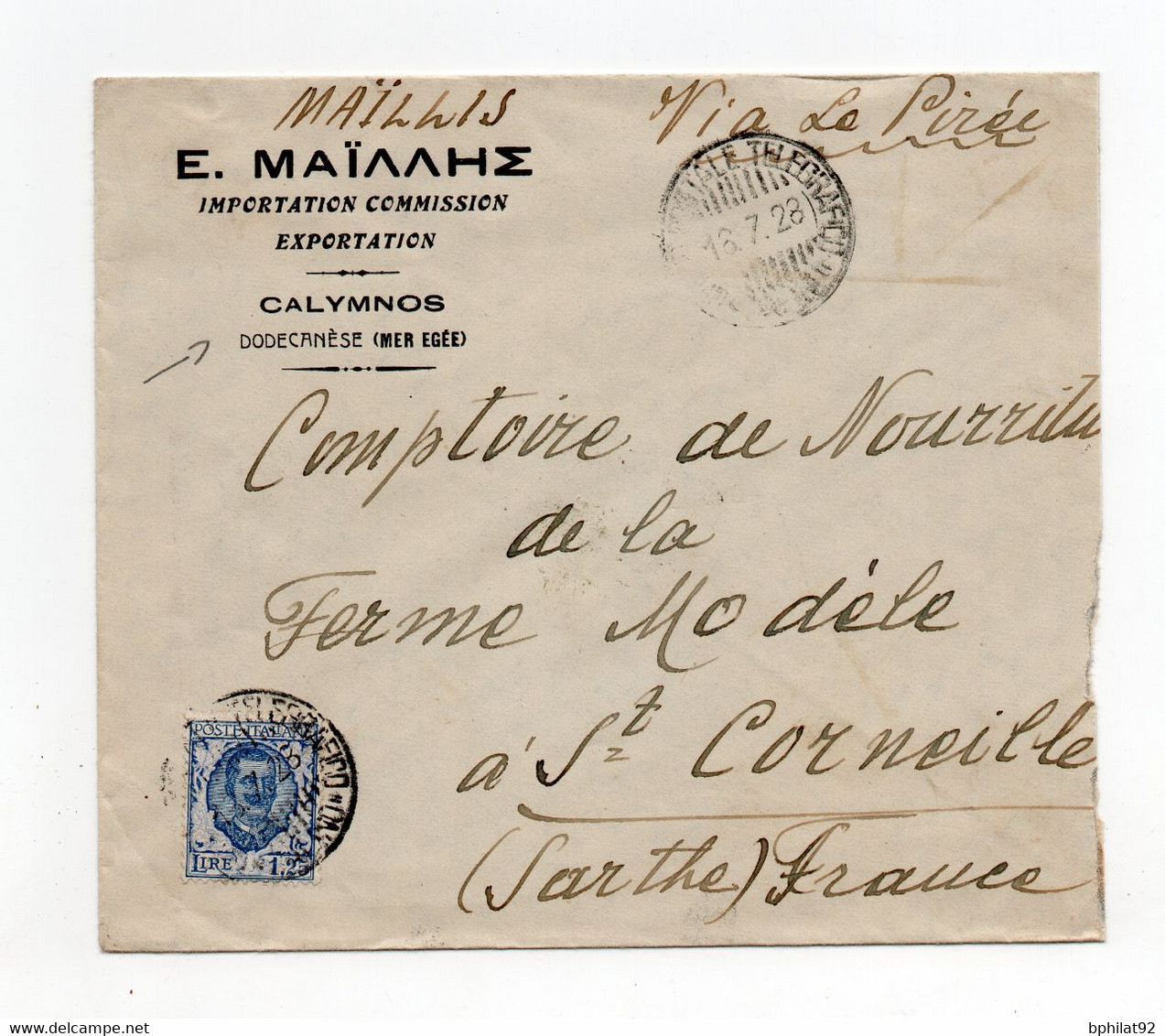 !!! ITALIE, COLONIES, EGEE, LETTRE DE CALYMNOS DE 1928 POUR LA FRANCE, VIA LE PIREE - Aegean (Rodi)