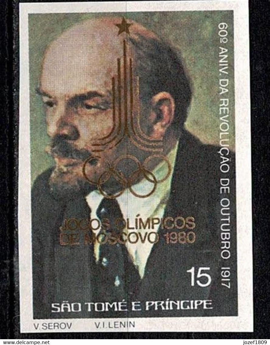 Sao Tomé E Principe 1977 60th Anniversary Of October Revolution, Lenin Overprinted For Moscow Olympic Games. IMPERF - São Tomé Und Príncipe