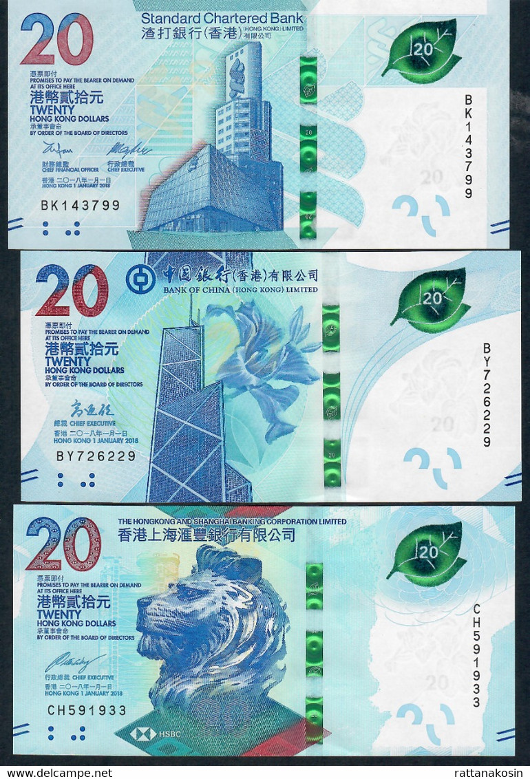 HONGKONG NLP  20 DOLLARS  1.1.2018 Issued 2020 : HSBC + SBC + BOC  (= 3 BANKS ) = 3 DIFFERENT BANKNOTES      UNC. - Hongkong