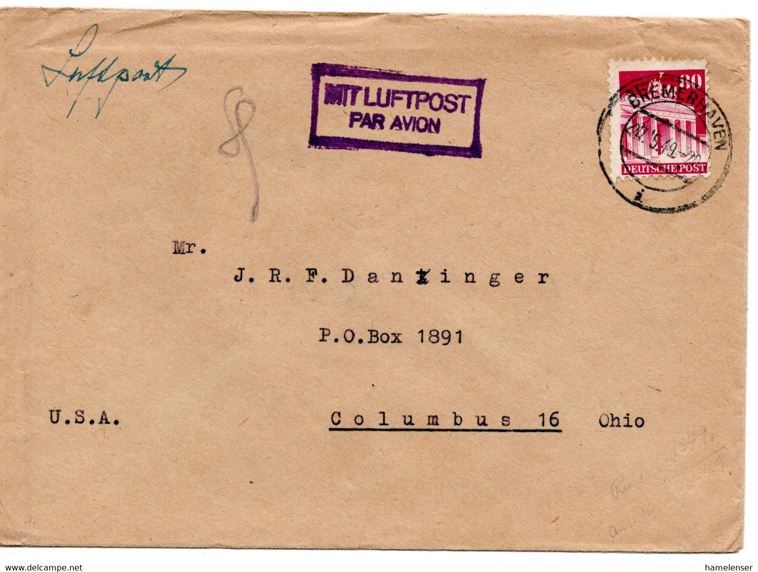 58797 - Bund - 1949 - 80Pfg Bauten EF A LpBf BREMERHAVEN -> Columbus, OH (USA) - Other & Unclassified