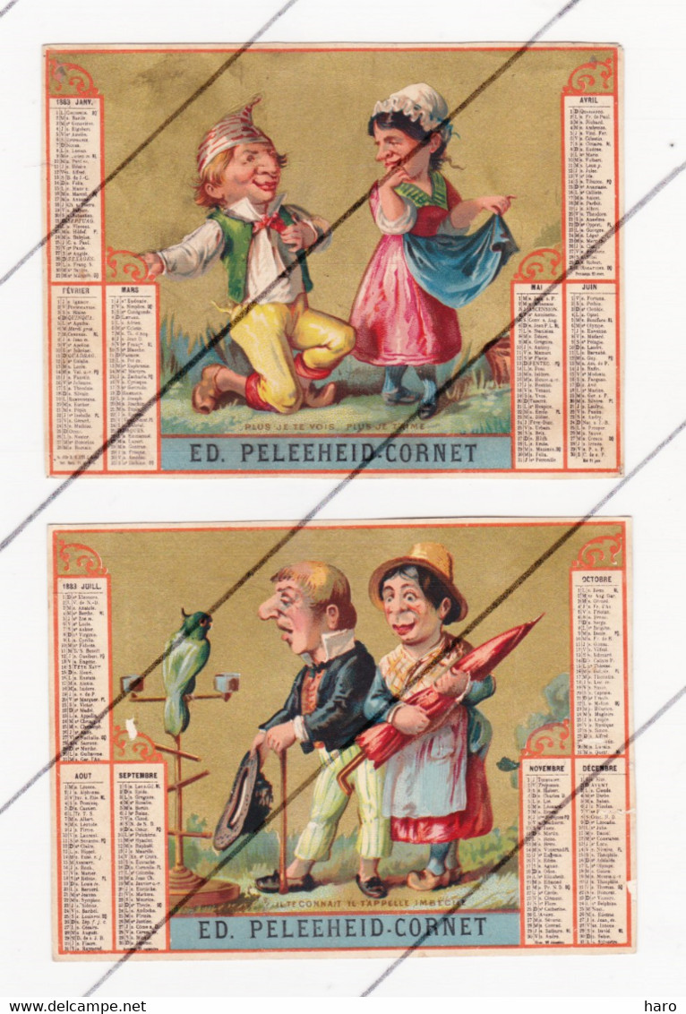 Calendrier 1883 En 2 Chromos - Publicité Maison Du Blanc E. Péléeheid - Cornet à VERVIERS  - Humour, Chromo (B305) - Petit Format : ...-1900