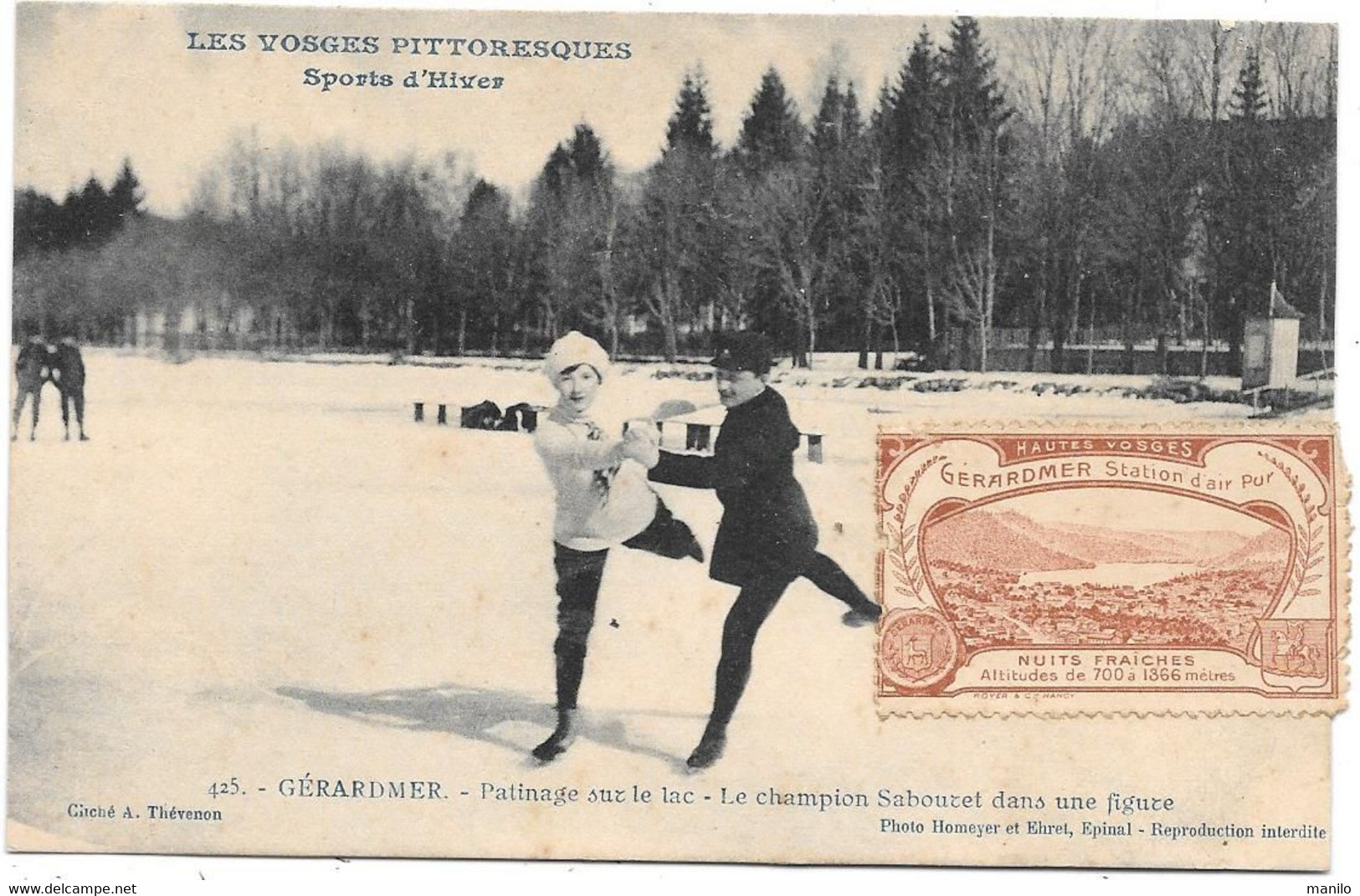 Vignette Touristique GERARDMER -Hautes-Vosges Sur Cpa Patinage -  Le Champion SABOURET Dans Une Figure - Tourisme (Vignettes)