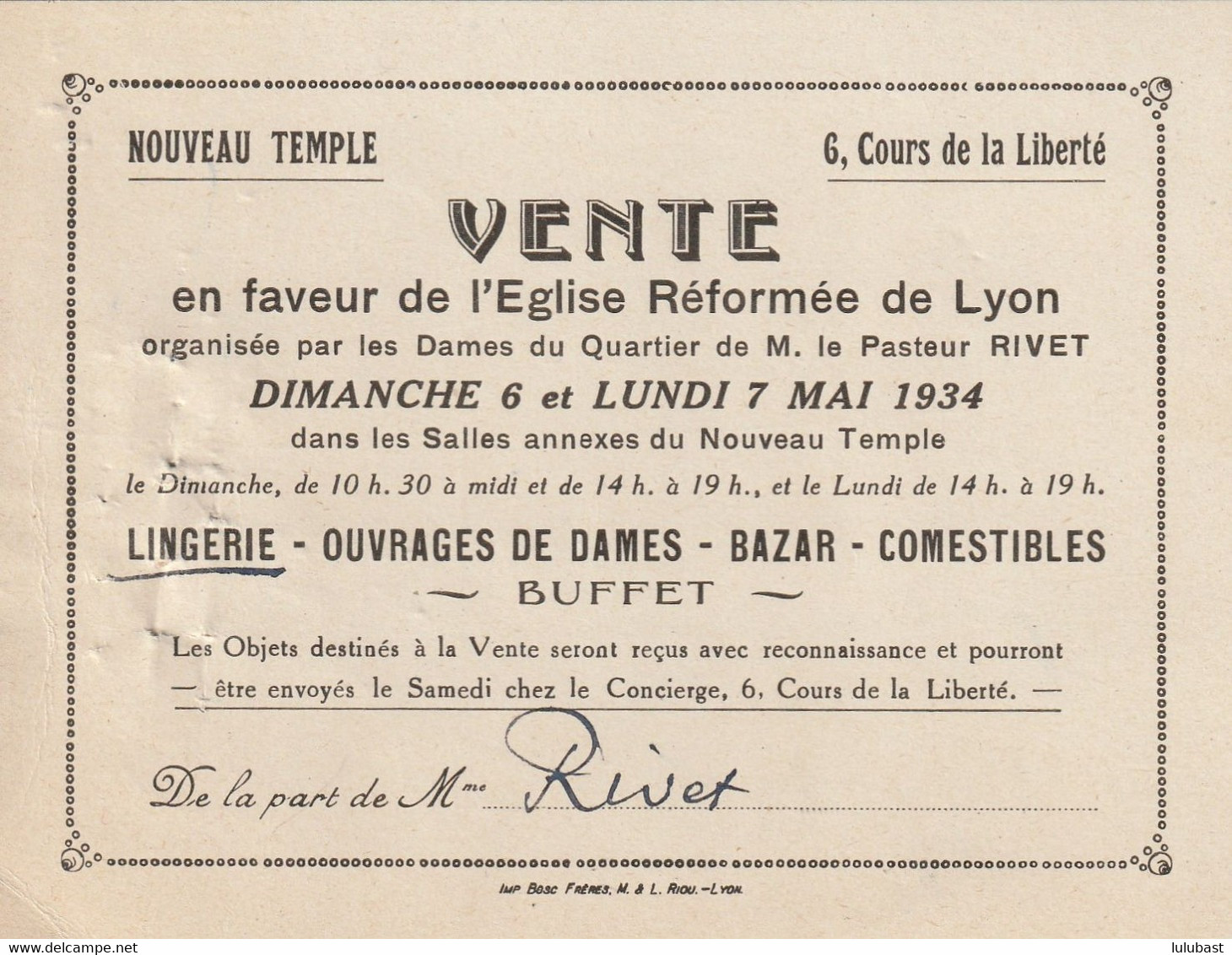 LYON , Nouveau Temple, 6 Cours De La Liberté : Vente En Faveur De L'Eglise Réformée Organisée Par Le Pasteur RIVET. - Biglietti D'ingresso