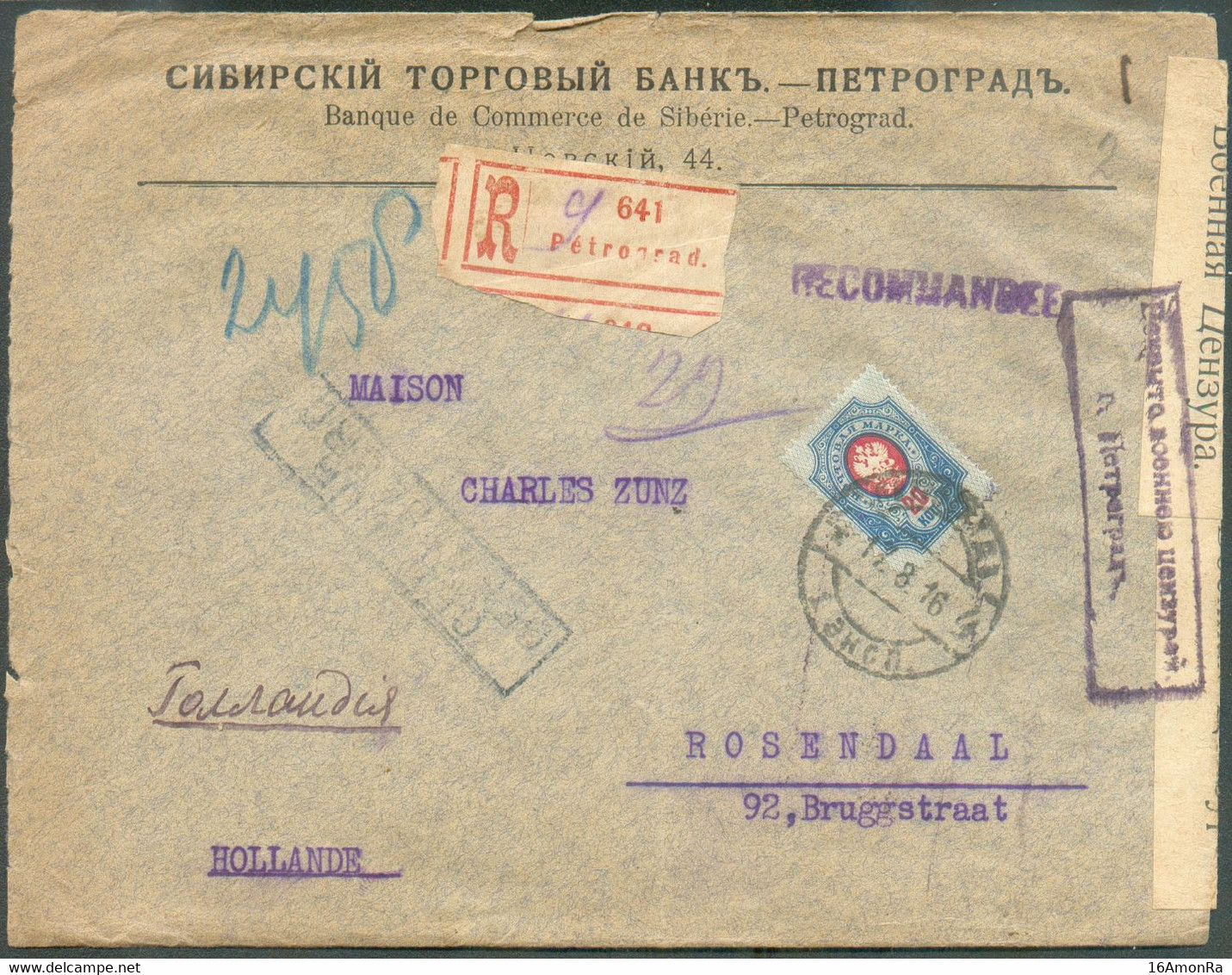 20kop. Obl. Dc PETROGRAD Sur Lettre Recommandée Et Censurée 17-8-1916 Vers Rosendaal (Pays-Bas) + Bandes Et Cachets De C - Covers & Documents