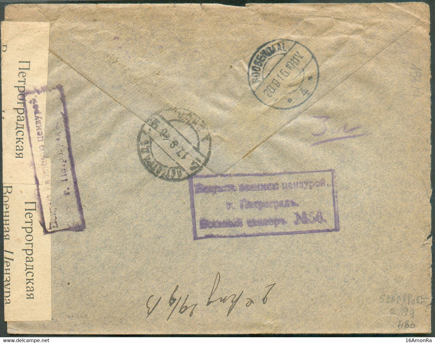 20kop. Obl. Dc PETROGRAD Sur Lettre Recommandée Et Censurée 17-8-1916 Vers Rosendaal (Pays-Bas) + Bandes Et Cachets De C - Covers & Documents