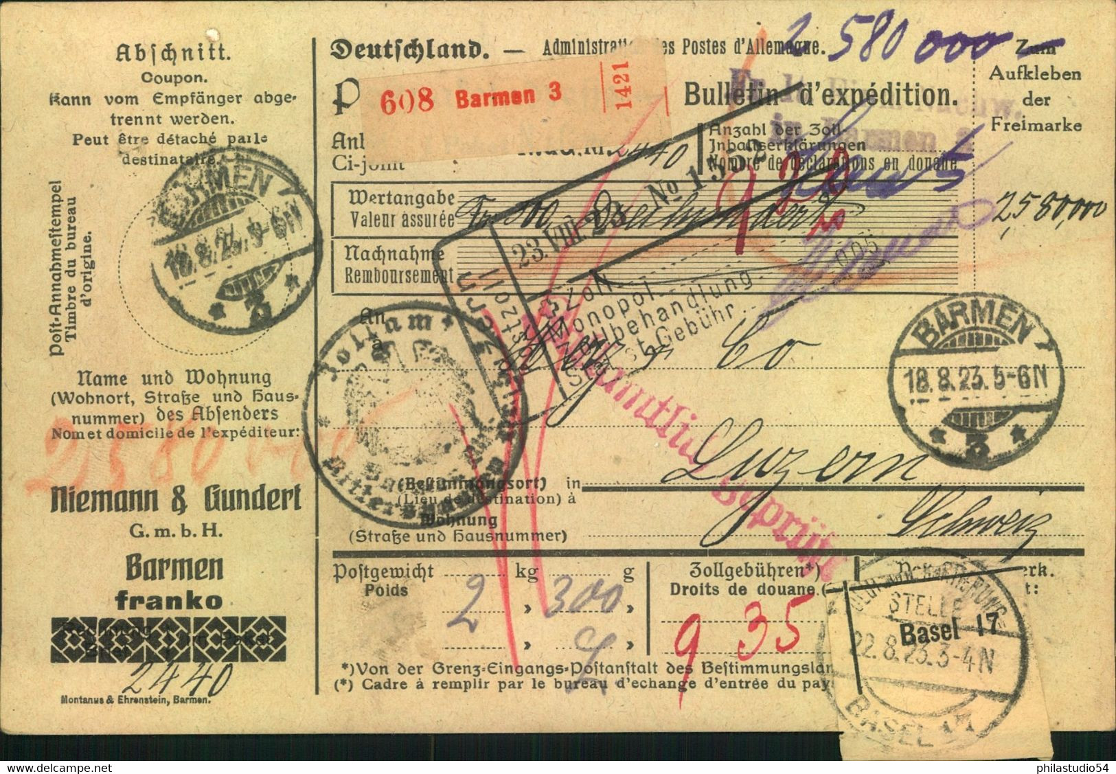 1923, Auslanspaketkarte Ab "BARMEN-3 18.8.23" Mit Barfrankatur Nach LUZERN - Storia Postale