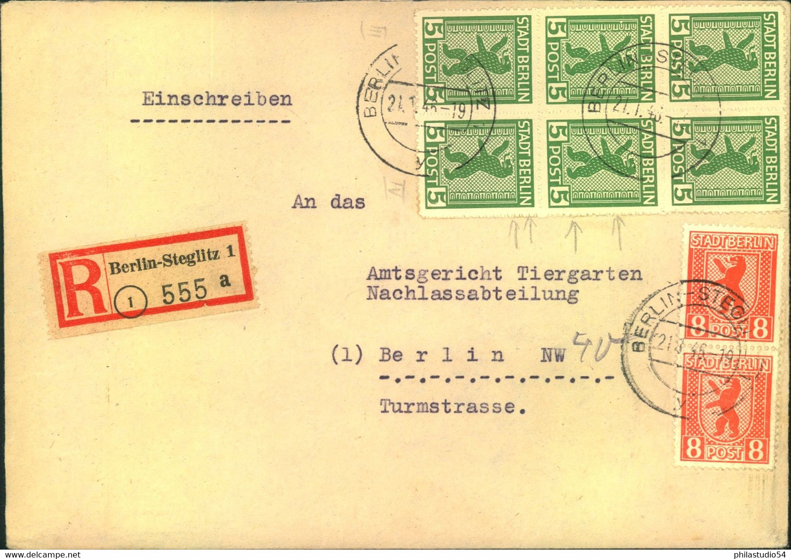 1946, Doppel-Orts-Einschreiben Mit Bärenfrankatur, Ab "BERLIN-STEGLITZ 1, 21.1.46" - Autres & Non Classés