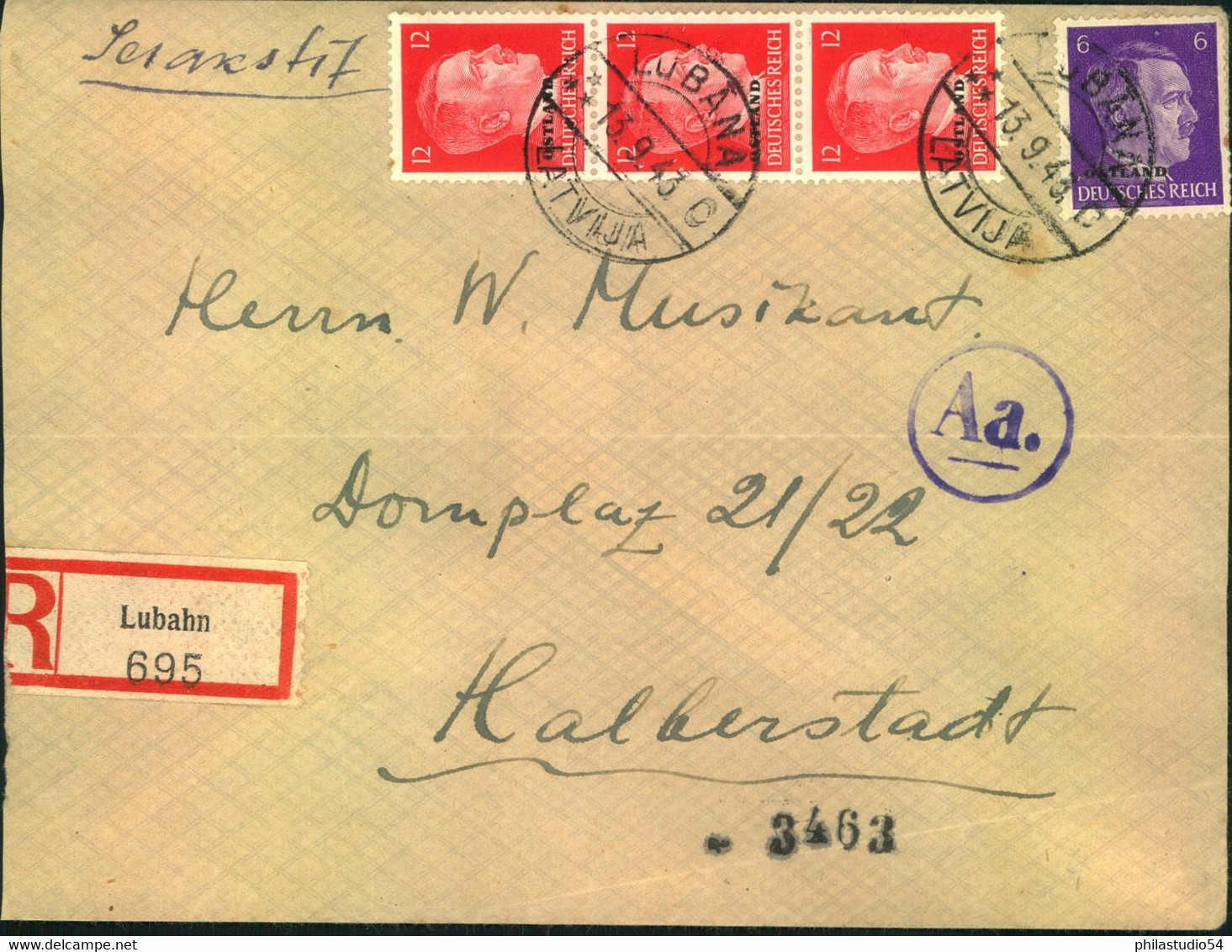 1943, Deutsche Besetzung Lettland, Einschreiben Ab "LUBANA (Lubahn)", Mit Zensur-Durchlaufstempel "A.a." - Other & Unclassified