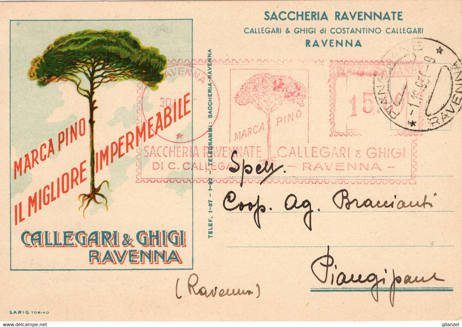 ITALIA 1950 RAVENNA SACCHERIA RAVENNATE CALLEGARI & GHIGI AFFRANCATURA MECCANICA ROSSA CARTOLINA VIAGGIATA - Franking Machines (EMA)