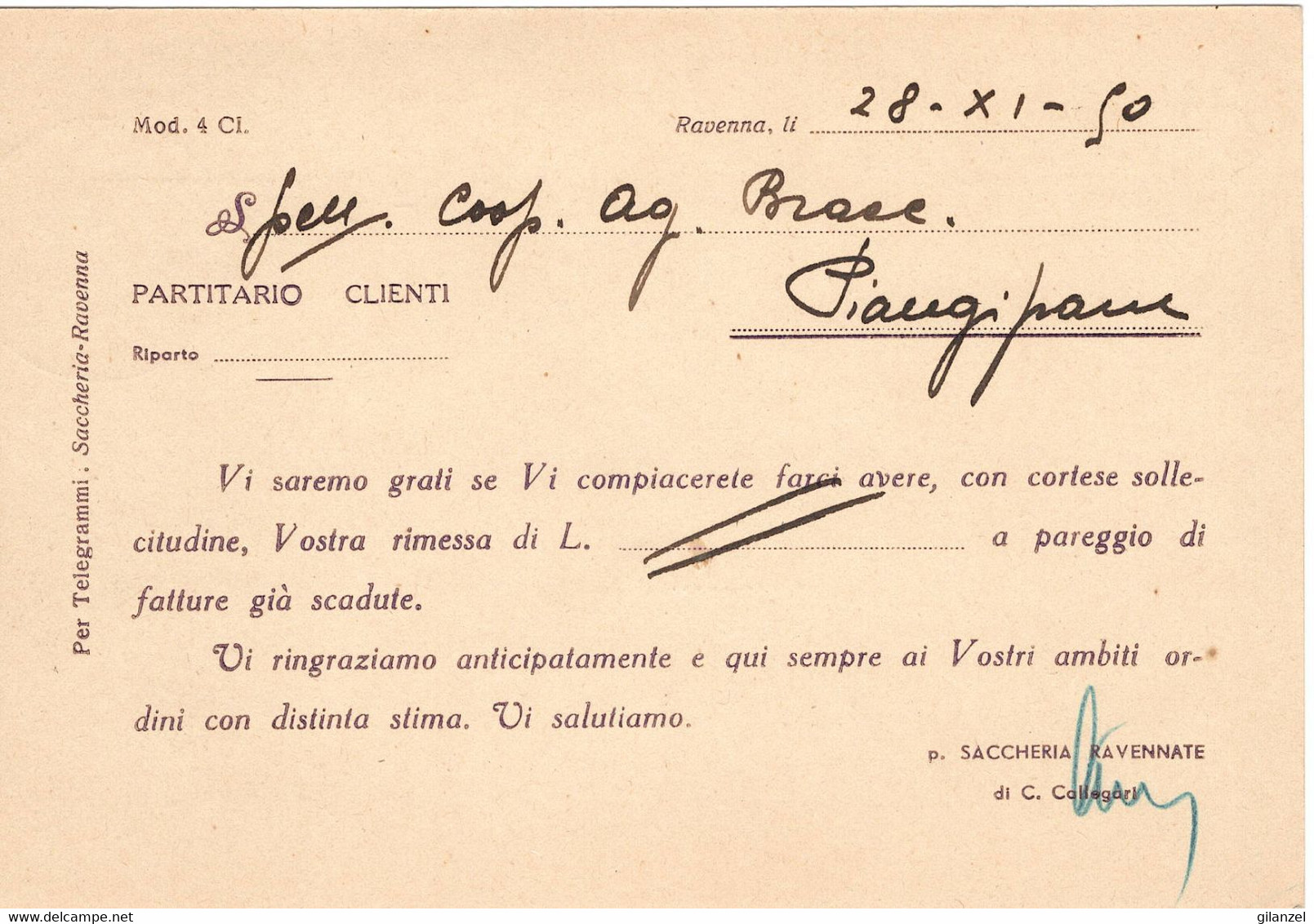 ITALIA 1950 RAVENNA SACCHERIA RAVENNATE CALLEGARI & GHIGI AFFRANCATURA MECCANICA ROSSA CARTOLINA VIAGGIATA - Franking Machines (EMA)