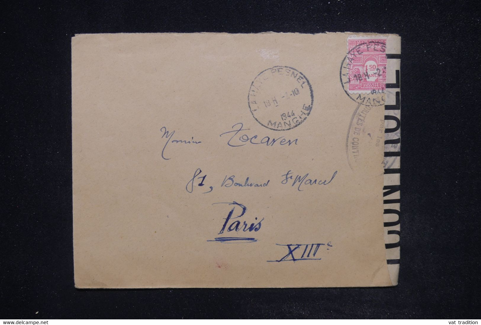 FRANCE - Arc De Triomphe 1f50 Seul Sur Enveloppe De La Haye Pesnel En 1944 Pour Paris Avec Contrôle Postal - L 121996 - 1921-1960: Modern Period