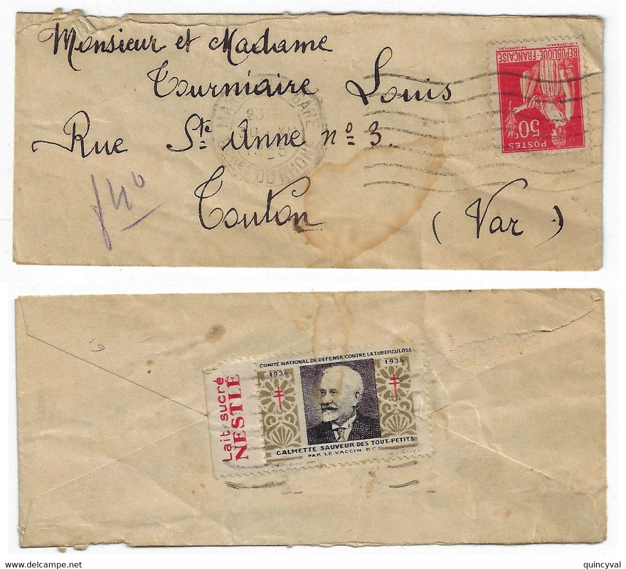 MARSEILLLE GARE Lettre Mignonnette 50c Paix Rouge Yv 283 Ob Meca 1935 Verso Etiquette Tuberculose 1934 Lait NESTLE - Tegen Tuberculose