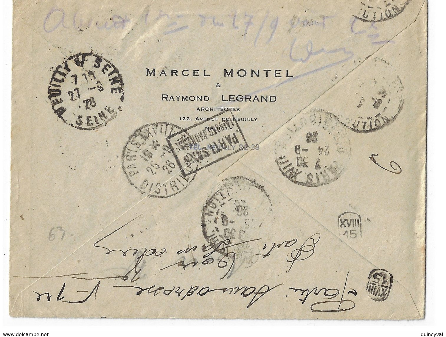 NEUILLY Lettre Recommandée Architecte Montel 1,50 F Pasteur Yv 181 Lettre Recommandée Retour Envoyeur Parti Sans Adresse - Cartas & Documentos