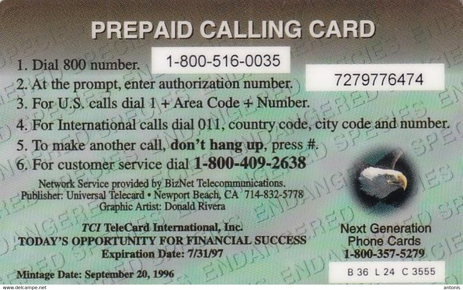 USA - Bald Eagle, TCI Prepaid Card 60 Units, Exp.date 31/07/97, Used - Eagles & Birds Of Prey